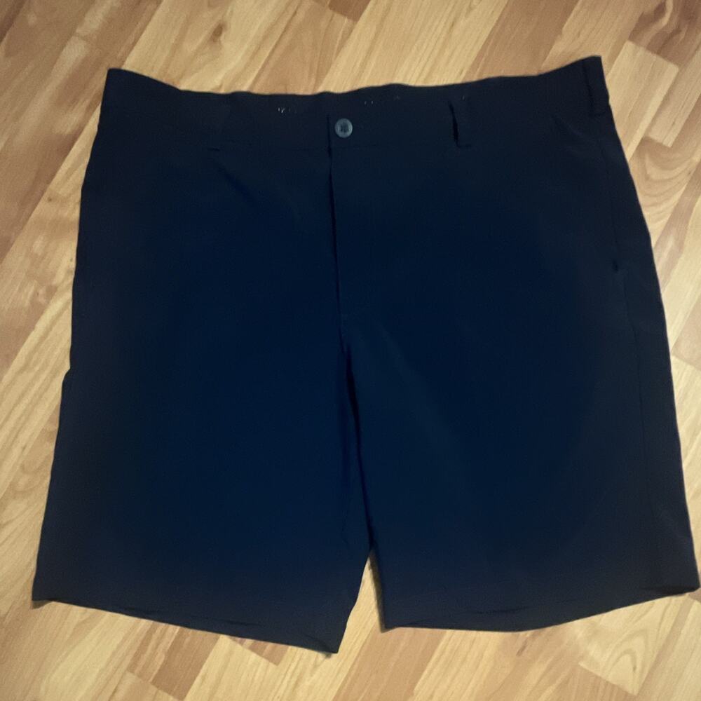IZOD Golf Men's Golf Shorts 40W Navy Blue Solid Chino Flat Front Belt Loops Logo